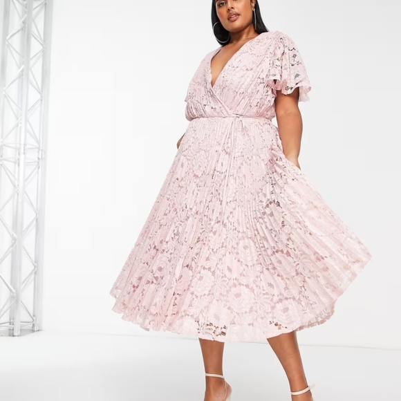 NEW ASOS DESIGN Curve Exclusive Lace Pleated With Tie Detail Blush Pink - Picture 2 of 12